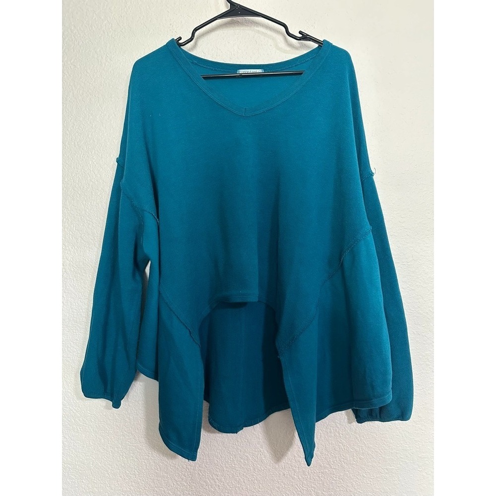 CottonLani Pullover Jacket Top Women L/XL Teal Asymmetrical Raw Hem Lagenlook